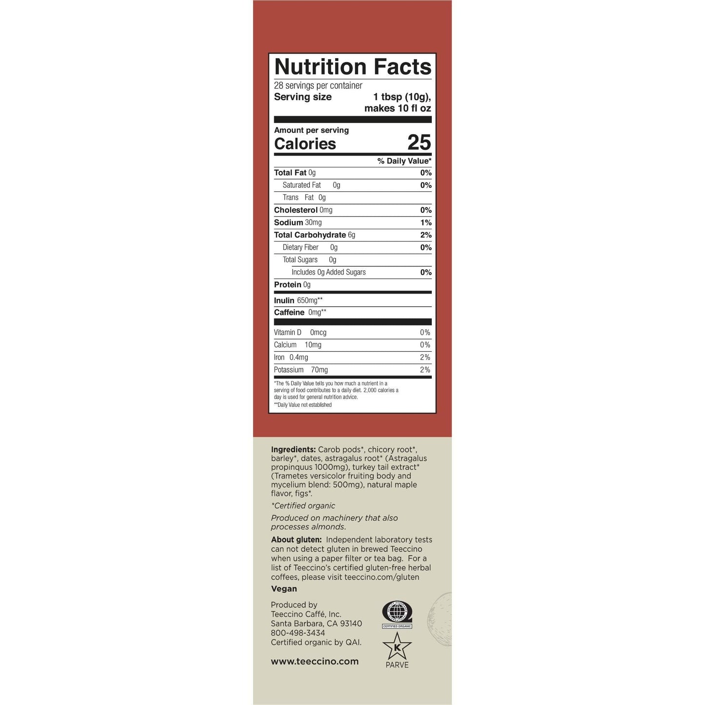 Teeccino Herbal Mushroom Coffee Alternative, Toasted Maple, Caffeine Free, 10 Oz, Pack of 3