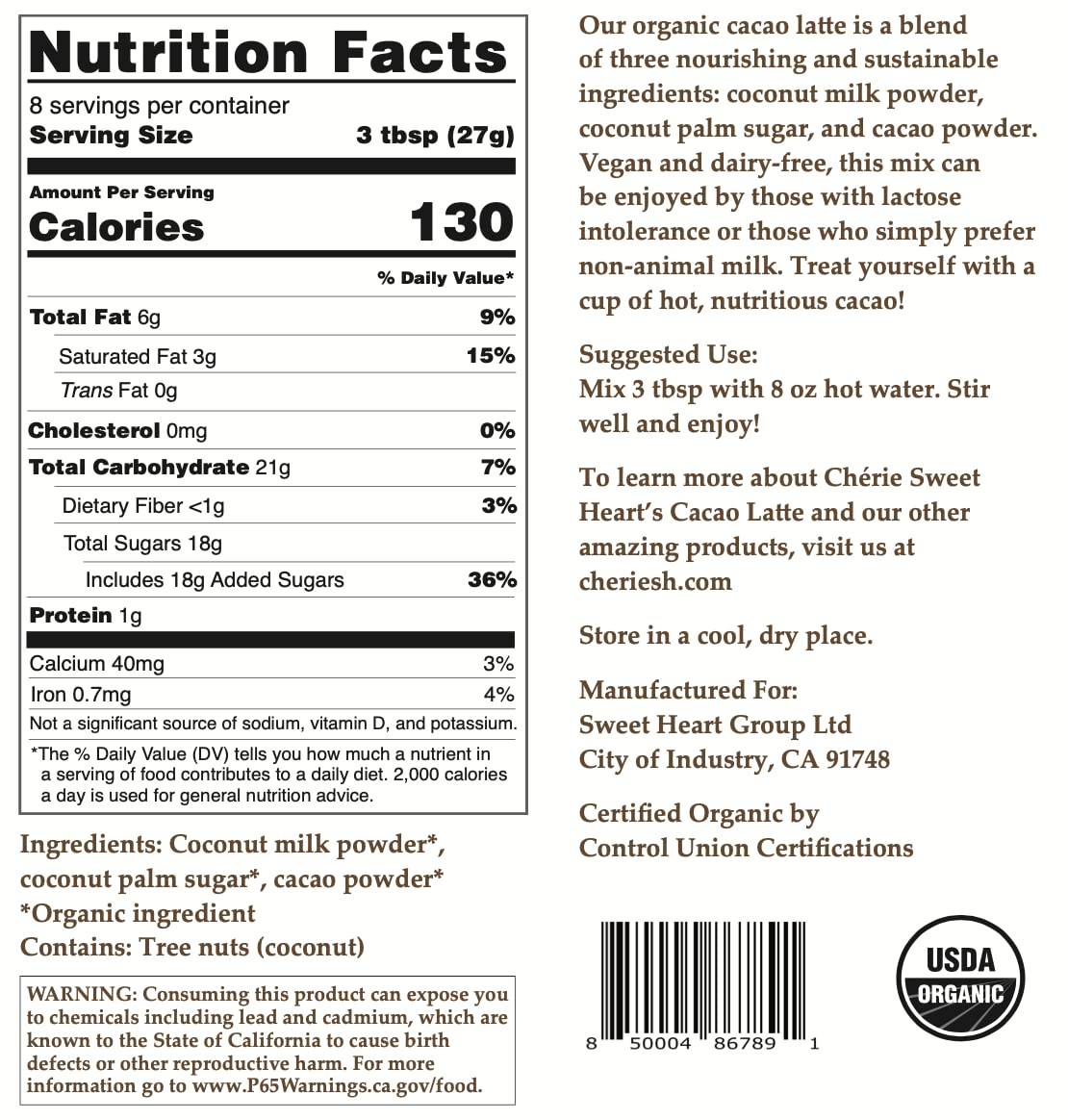Cherie Sweet Heart Cacao Latte, 8 Oz. Pouch, 8 Servings - Organic, Non-Gmo, Dairy-Free