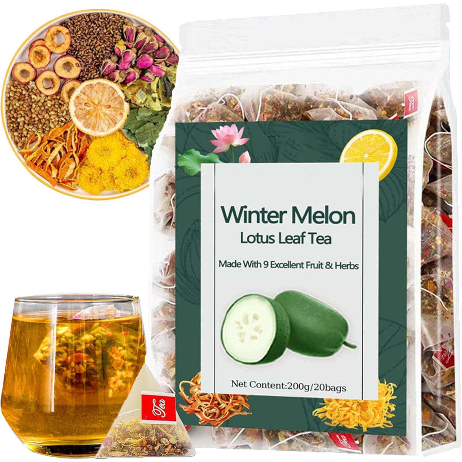 Regpem Winter Melon Lotus Leaf Tea - 20 Bags/Box, Herbal Teabag with Natural Blend, Chrysanthemum & Wax Gourd Ingredients