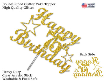 75Th Birthday Cake Topper Gold Glitter, Party Decoration Ideas, Premium Quality, Sturdy Doubled Sided Glitter, Acrylic Stick. Ma