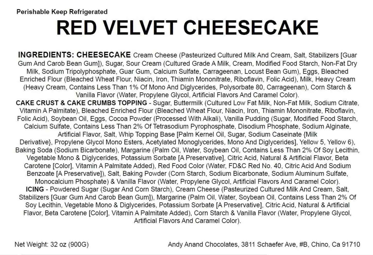 ANDY ANAND CHOCOLATIER Red Velvet Cheesecake - 9 Freshly Baked, 32 Ounce, Made with Real California Cream Cheese