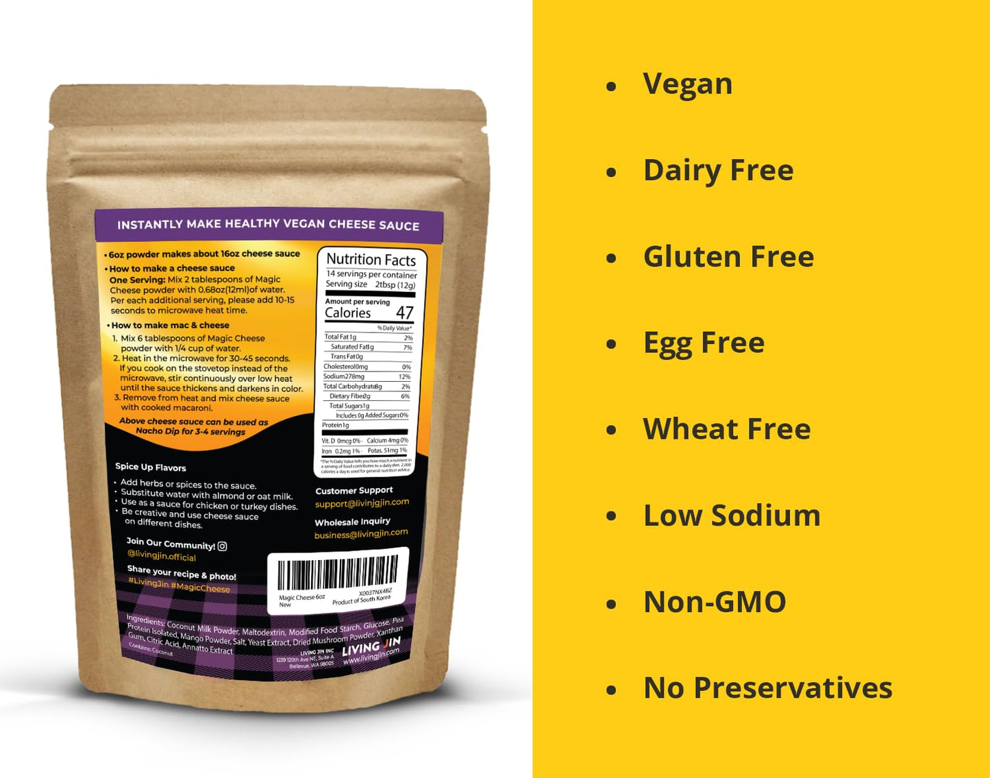 LIVING JIN Vegan Cheddar Cheese Powder, Low-Calorie, Dairy-Free, 6oz