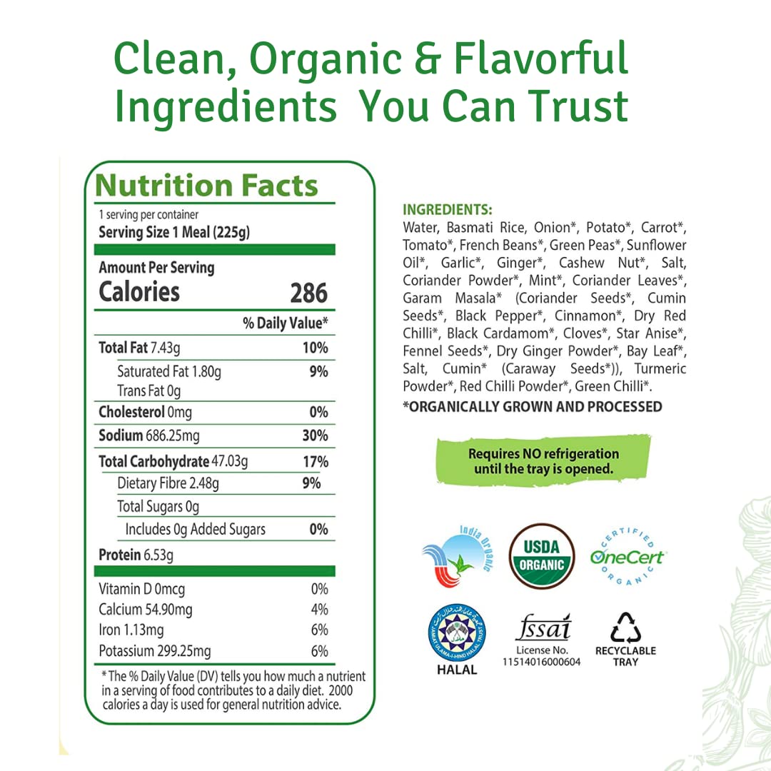 Food Earth Ready To Eat Indian Cuisine - Vegetable Biryani Meal - Microwavable, Pre-Packaged & Lunchable - Organic, Vegan, Glute