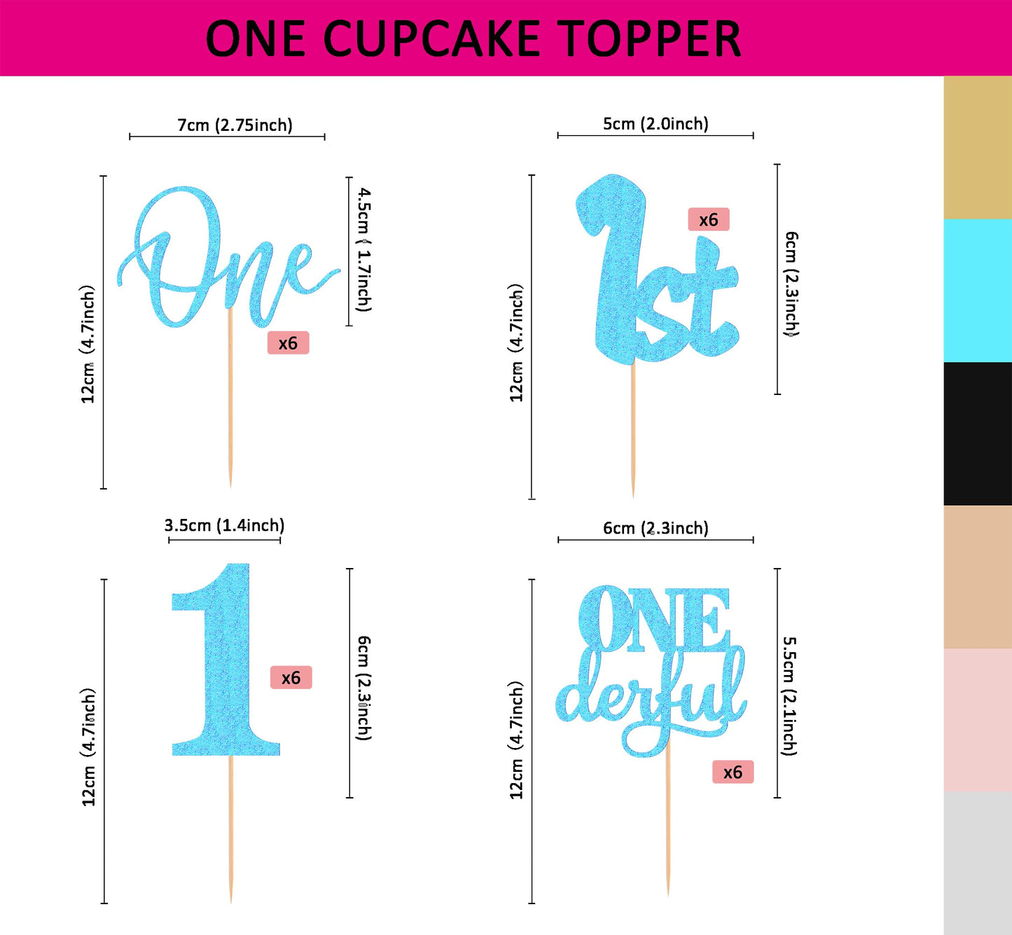 24Pack First Birthday Cupcake Topper - Glitter Light Blue One Cupcake Picks,1St Birthday Cupcake Decorations Supplies (Light Blu