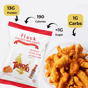 Flock Keto Chicken Skin Chips | Tapatio Flavor | Low Carb, High Protein, Sugar Free, Gluten Free Fried Chicken Skins - Chicken C