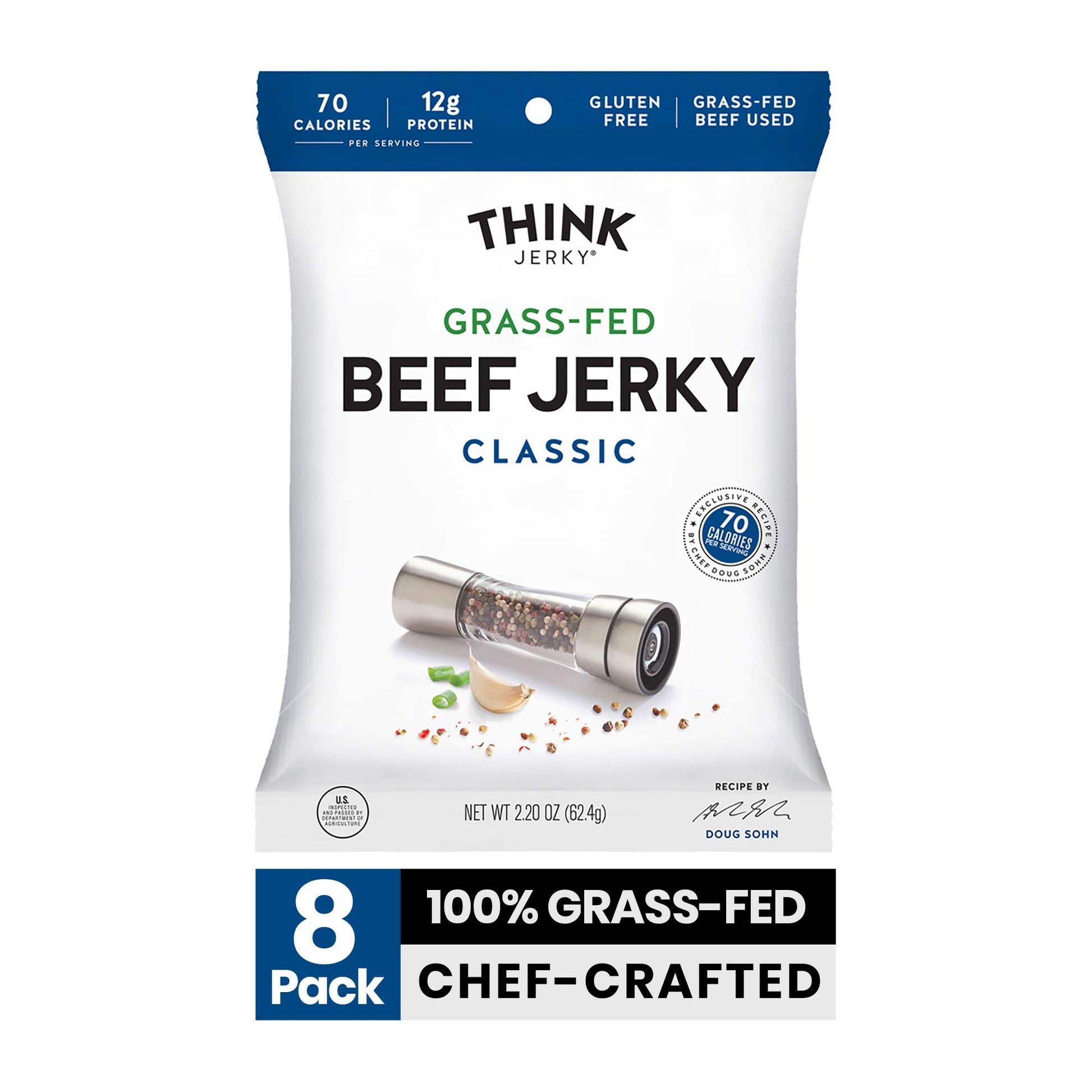 Think Jerky Classic Beef Jerky, Grass-Fed, Gluten Free, Low Calorie, 1 oz Bags, 8 Pack