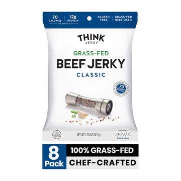 Think Jerky Classic Beef Jerky, Grass-Fed, Gluten Free, Low Calorie, 2.2 oz Bags, Pack of 8