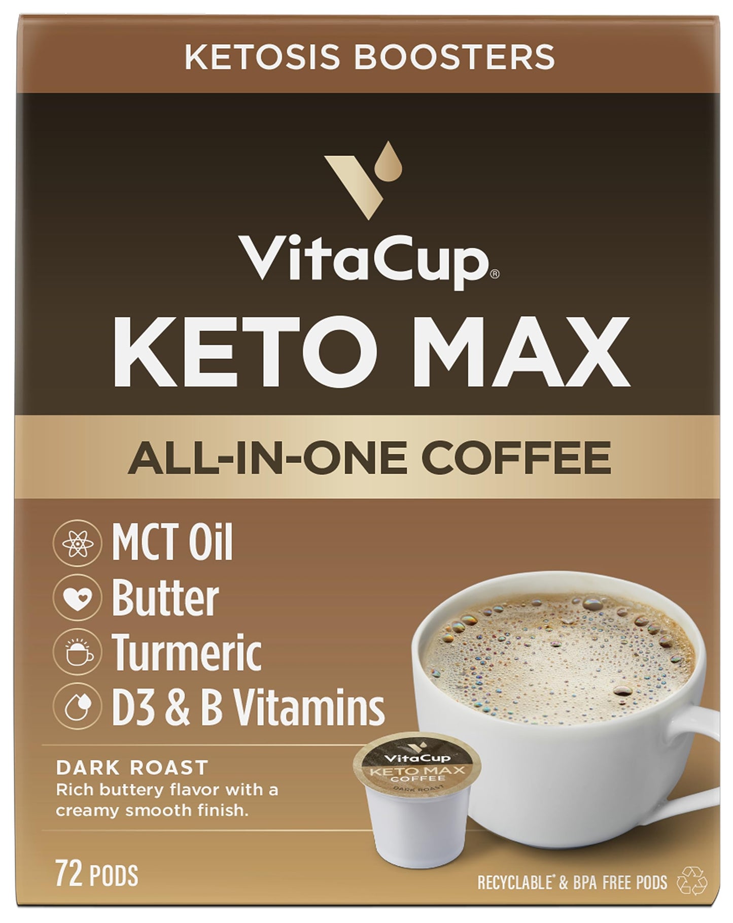 Vitacup Keto Max Dark Roast Coffee Pods, Ketosis & Energy, Butter, Mct Oil, Turmeric, B Vitamins, D3, All-In-One Keto Recyclable Single Serve Pod Compatible W/Keurig K-Cup Malt-Inspired,72 Ct