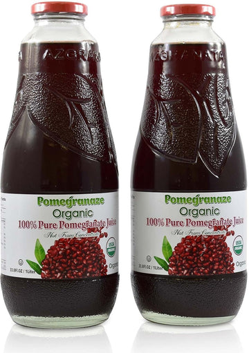 100% Organic Pomegranate Juice, 33.8 Oz Glass Bottle (2 Pack) No Sugar, No Artificial Colors, No Preservatives, No Flavors Added