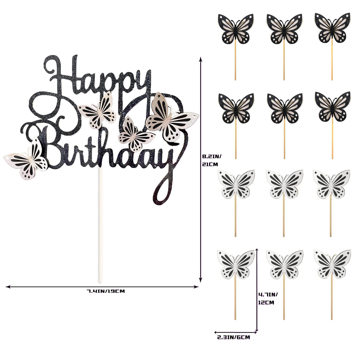 MILIYUKI Butterfly Cake Toppers, 13-Piece Set, 3D Paper Decoration, Black White, Model HB-176