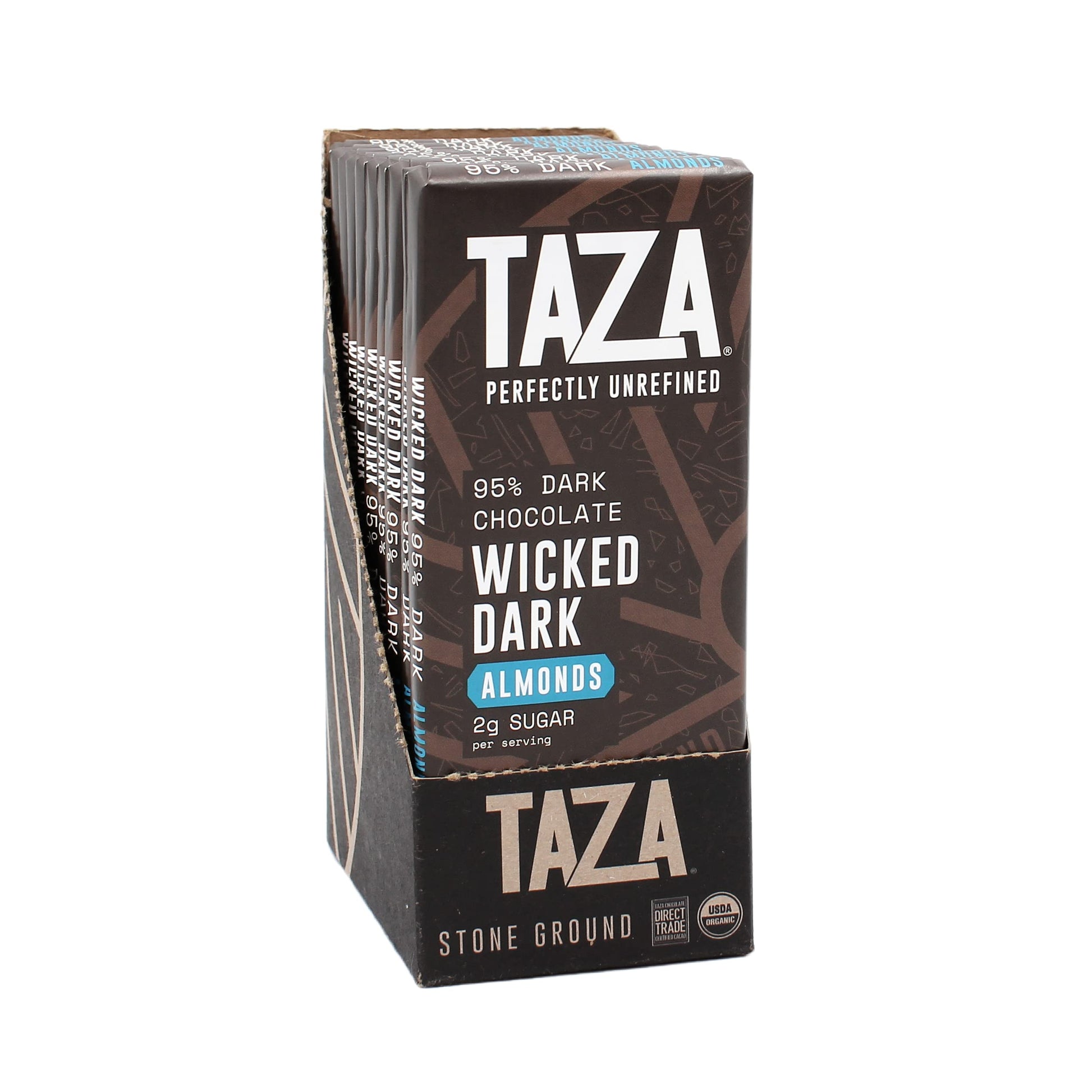 TAZA chocolate Organic Amaze Bar 95% Stone Ground  Wicked Dark With Almonds  Vegan  2.5 Oz  10 Count