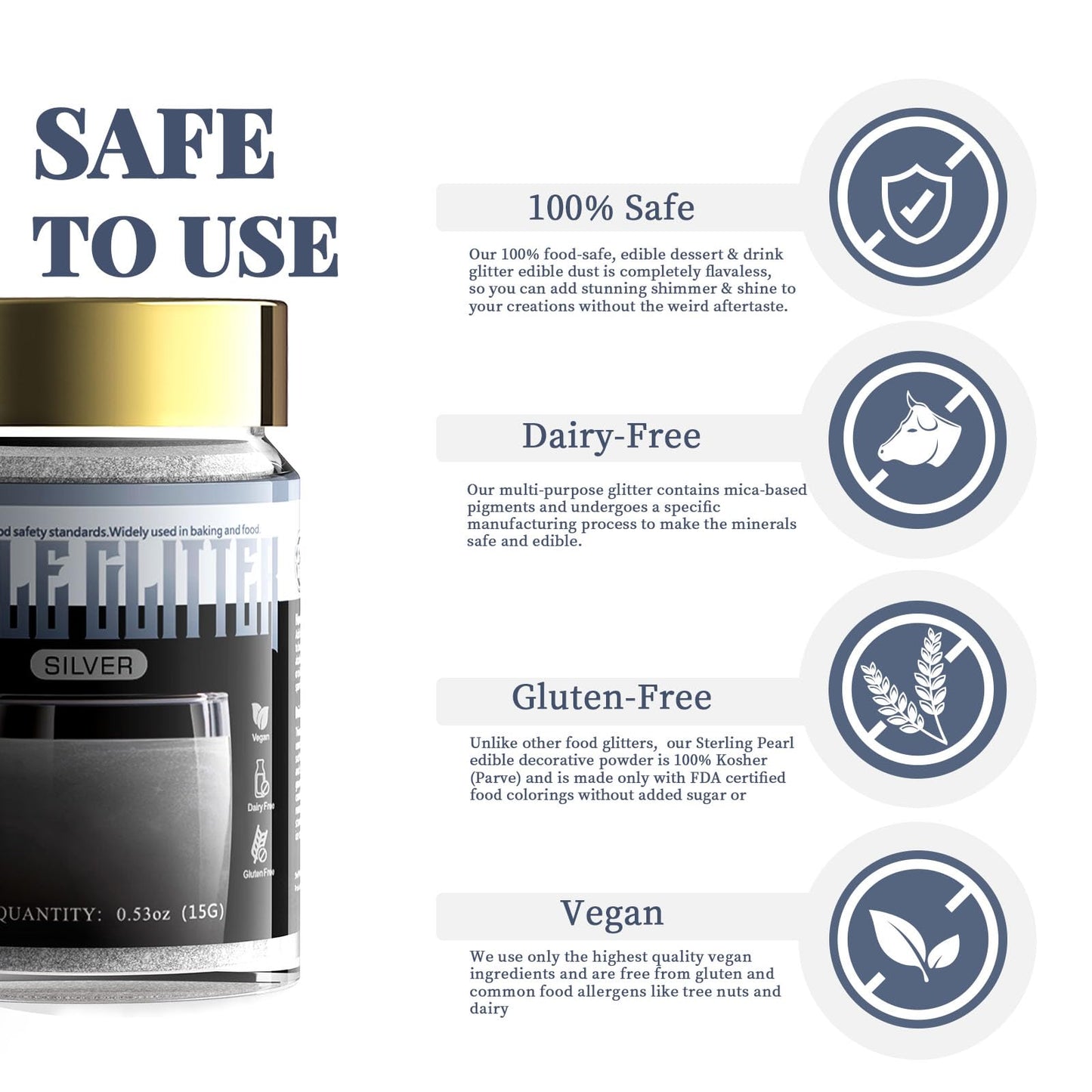LOCDO Edible Glitter, Food Grade Luster Dust, Vegan, Allergen-Free, Large 15G, Silver