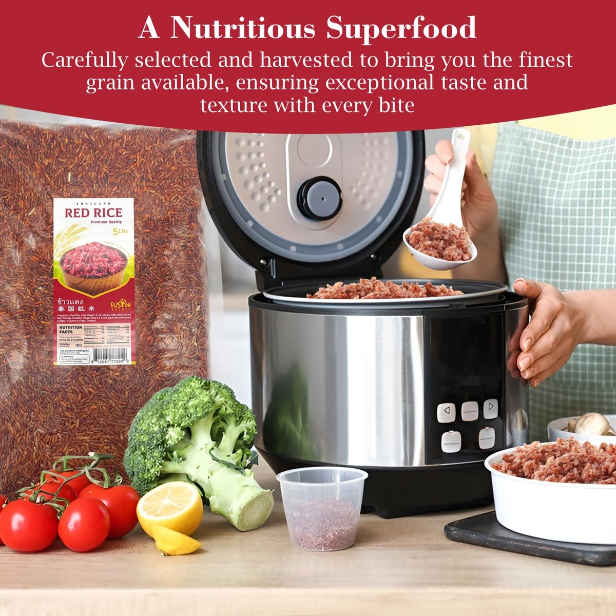 Fusion Select Red Rice - Premium Non-GMO Long Grain Rice, Gluten-Free, Non-Sticky, 5Lbs, 16.4 x 8.5 x 30.5 cm