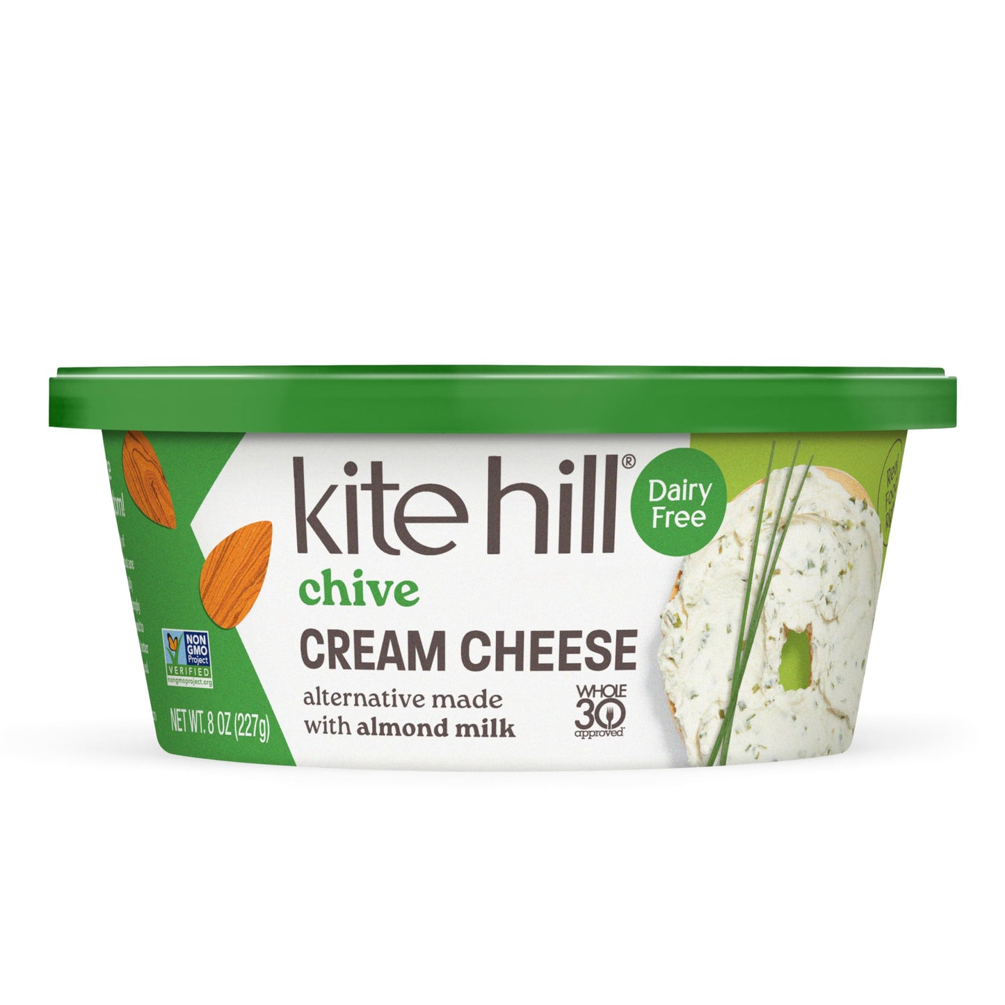 Kite Hill Chive Almond Milk Cream Cheese Style Spread, 8 Ounces, Dairy Free, Whole 30 Approved, Gluten Free, Non-GMO, Vegan