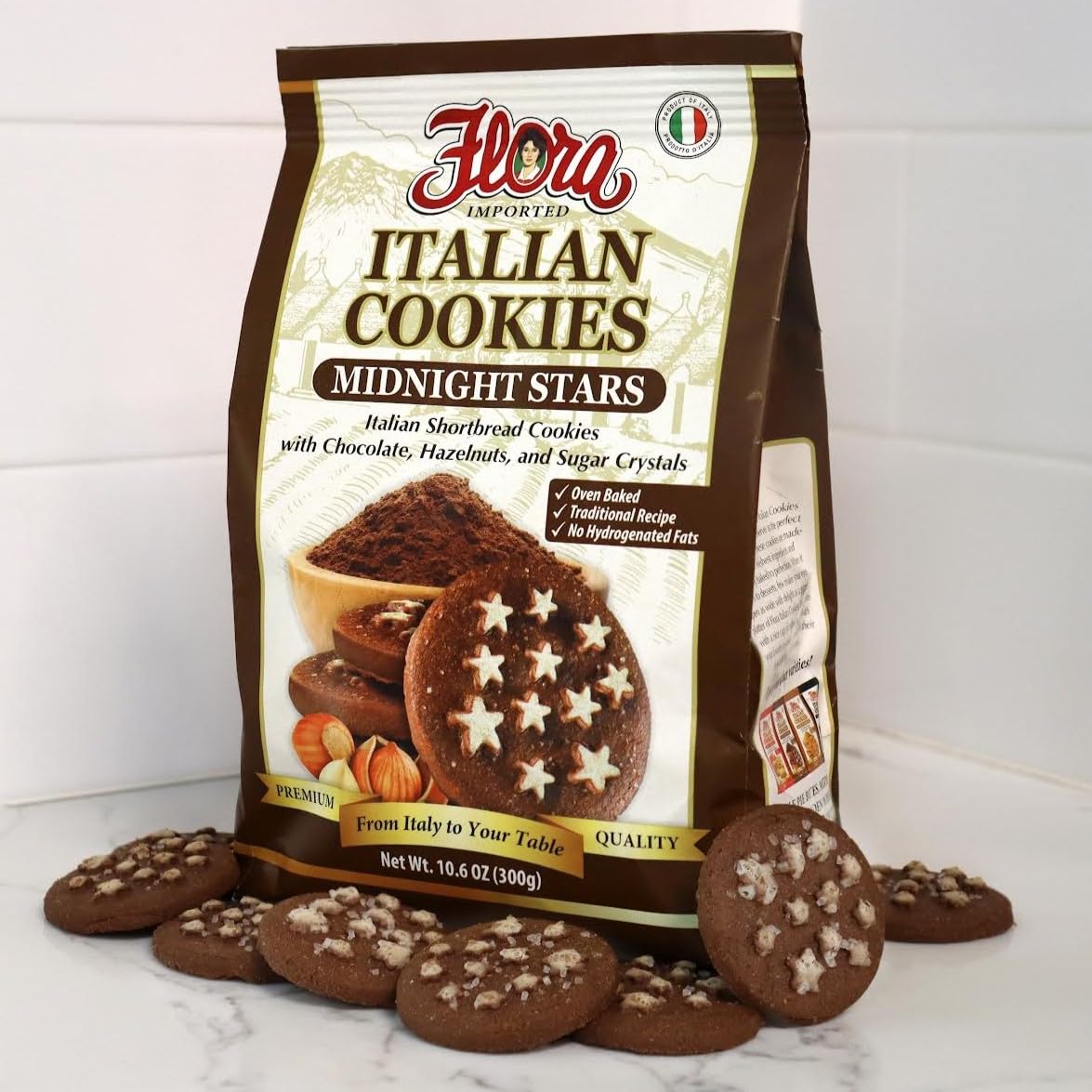 Flora Italian Cookies Midnight Stars - Italian Shortbread Cookies With Chocolate, Hazelnuts & Sugar Crystals - Traditional Recip