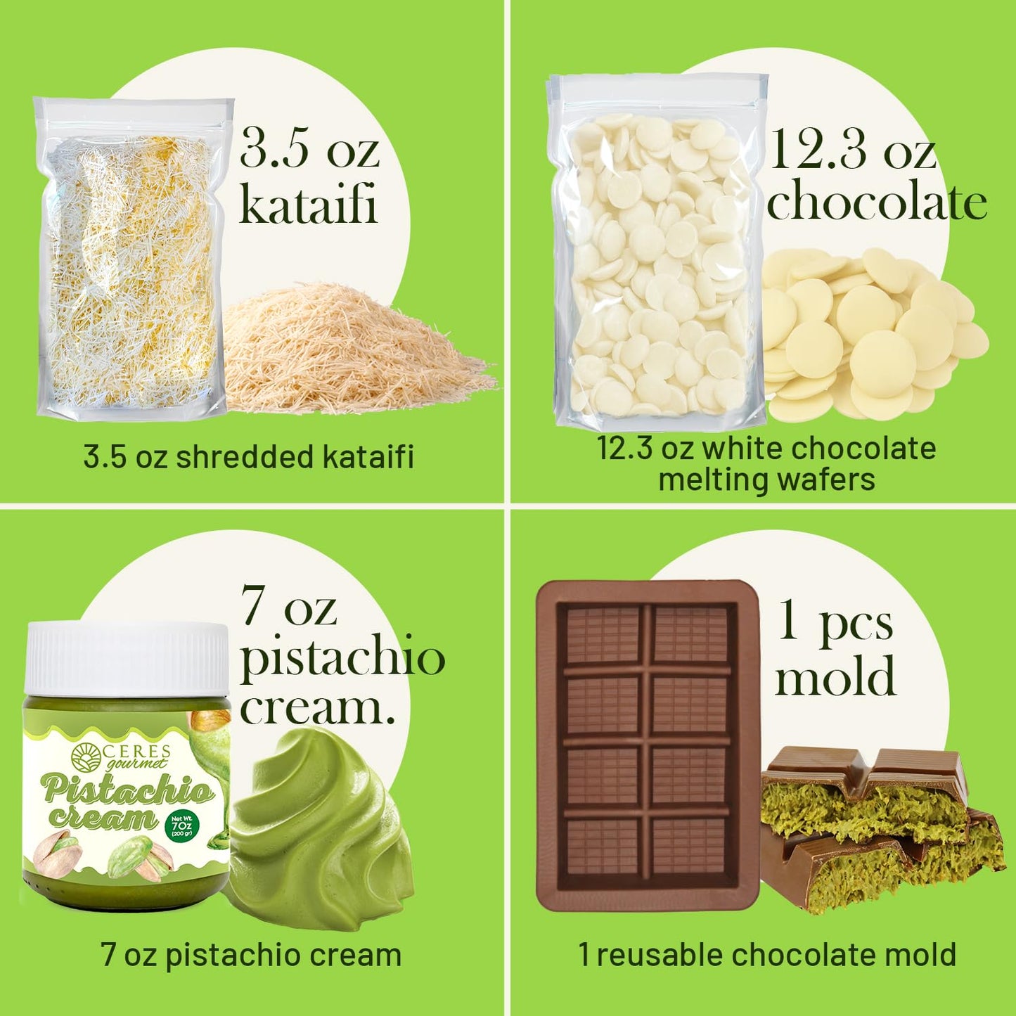 Dubai White Chocolate Bar Diy Kit – Includes Reusable Mold, 12.3 Oz White Melting Wafers, 3.5 Oz Crunchy Kataifi, 7 Oz Pistachio Spread – Gourmet Gift Kit For Chocolate Lovers