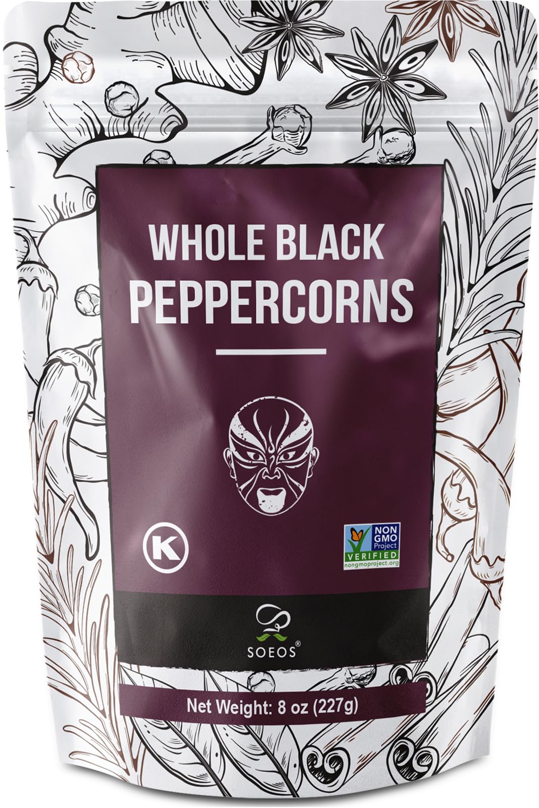 Soeos Black Peppercorns, 8oz (Pack of 1), Non-GMO, Kosher, Packed to Keep Peppers Fresh, Peppercorn for Grinder Refill, Whole Pe