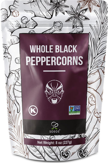 Soeos Black Peppercorns, 8oz (Pack of 1), Non-GMO, Kosher, Packed to Keep Peppers Fresh, Peppercorn for Grinder Refill, Whole Pe