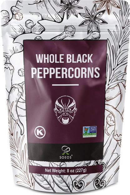 Soeos Black Peppercorns, 8oz (Pack of 1), Non-GMO, Kosher, Packed to Keep Peppers Fresh, Peppercorn for Grinder Refill, Whole Pe