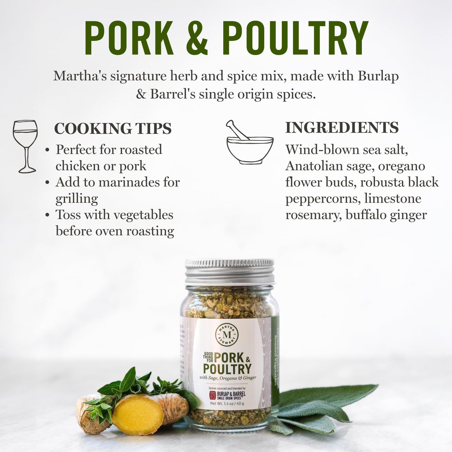 Martha Stewart 7-Spice Gift Set - 7 Single Origin Spices, Marthas Pork & Poultry Seasoning - Herbs & Spices From Burlap & Barrel - Cinnamon, Vanilla, & More - Gift For Cooks - 7 Full Size Jars