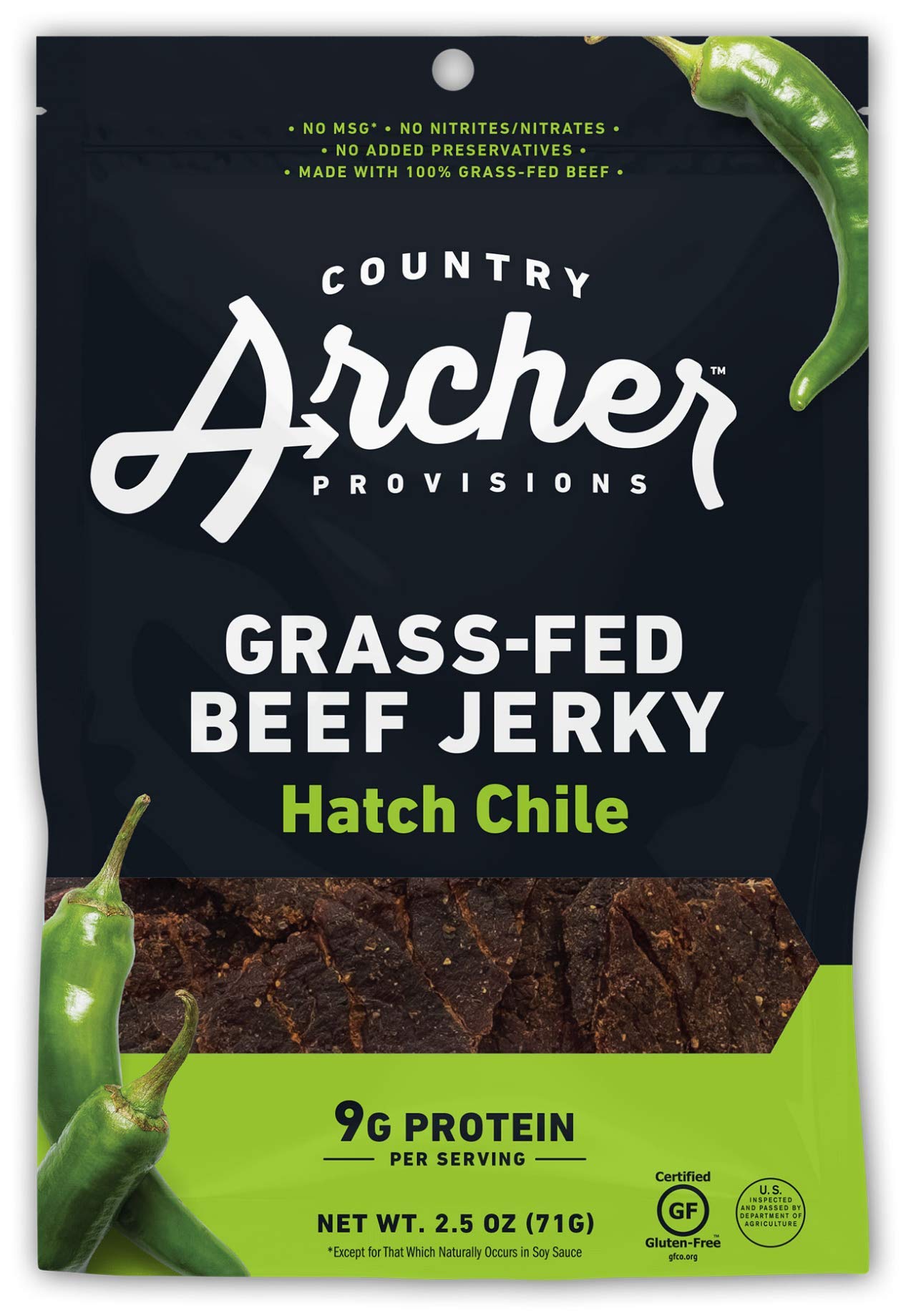 Country Archer Hatch Chile Beef Jerky, 100% Grass-Fed, Gluten Free, 2.5 Ounce (4 Pack)