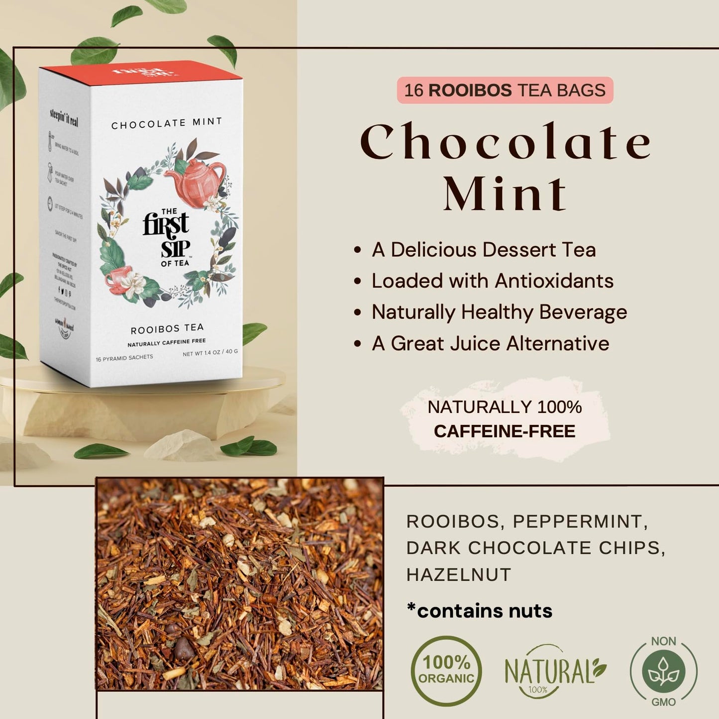 The Spice Hut Chocolate Mint Rooibos Tea Bags, Caffeine Free, 16 Count, Antioxidants, Hot & Iced Tea