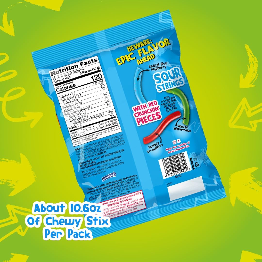Chewzme Chew N' Crunch Stix -Tangy Chewy Candy Straws Coated W/Crunchy Pieces - Individually Wrapped,Assorted Flavors, 10.6 Ounc