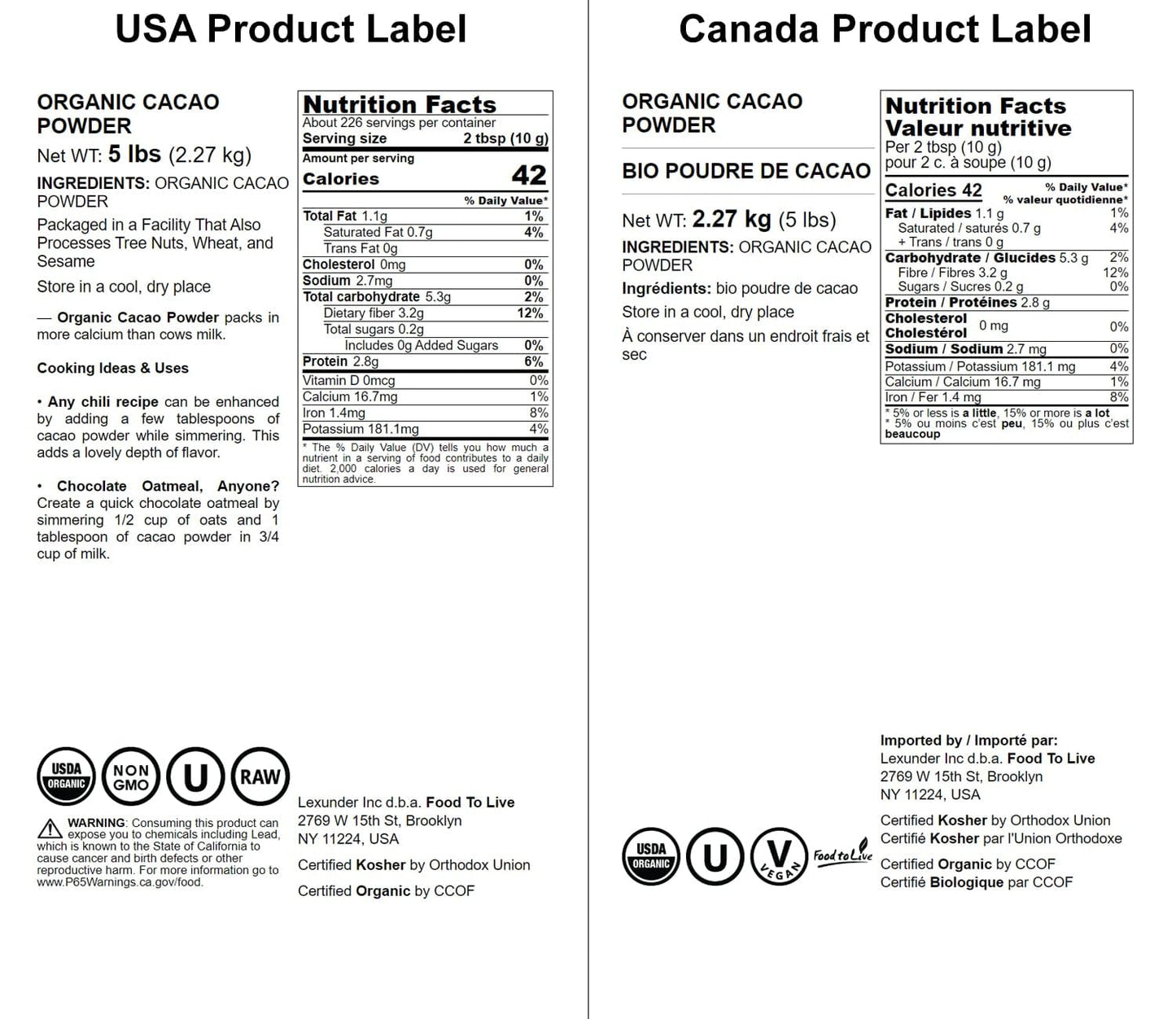 Food to Live Organic Cacao Powder, Non-GMO, Kosher, Unsweetened, 5 Pound Bulk
