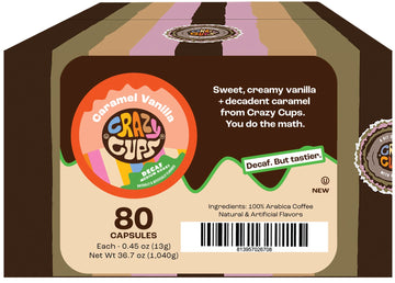 Crazy Cups Flavored Single-Serve Coffee For Keurig K-Cups Machines, Decaf Caramel Vanilla, 80 Pods Per Box