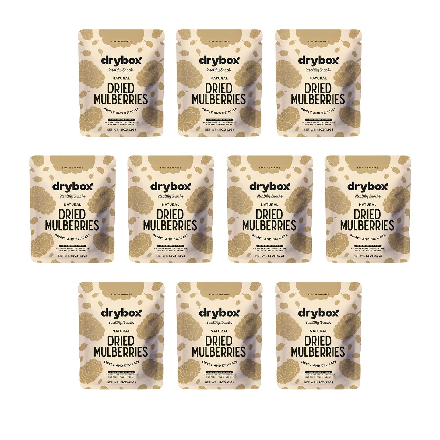 Drybox Dried White Mulberries 10 Snack Pack No Sugar Added, Non-GMO, Gluten Free - Natural Mediterranean Dried Fruit | 1.5 oz pe