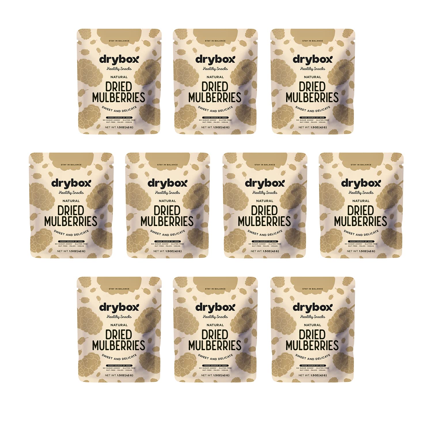 Drybox Dried White Mulberries 10 Snack Pack No Sugar Added, Non-GMO, Gluten Free - Natural Mediterranean Dried Fruit | 1.5 oz pe