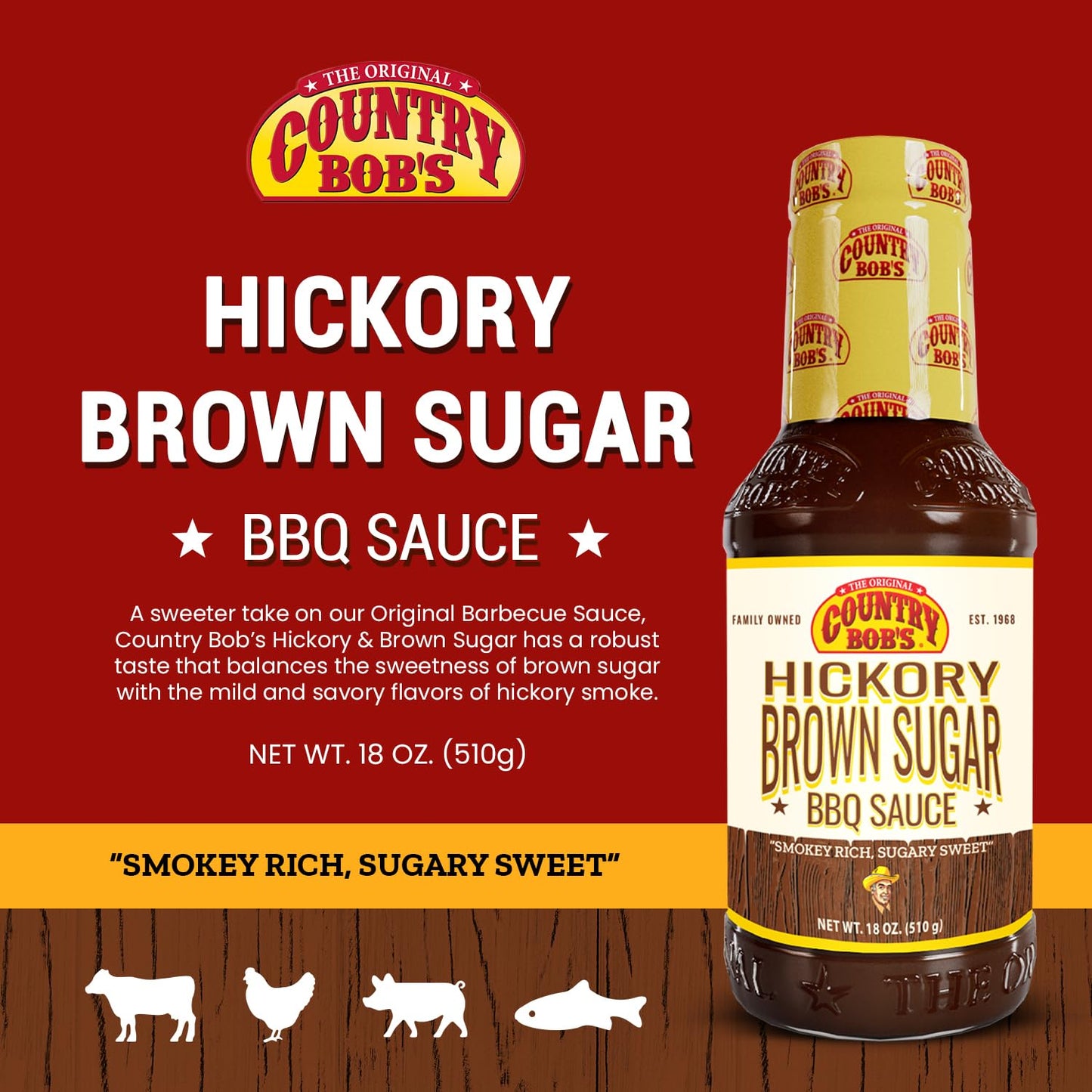 Country Bobs Barbecue Sauce - Original Hickory & Brown Sugar, Gluten Free, 18oz, Pack of 1