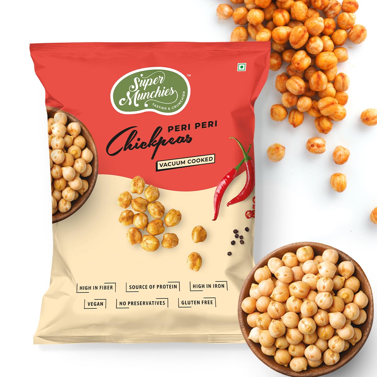 Super Munchies Vacuum-Cooked Peri Peri Chickpeas - Plant Based Protein, High in Fiber & Iron, Vegan, Gluten-Free, Zero Cholester