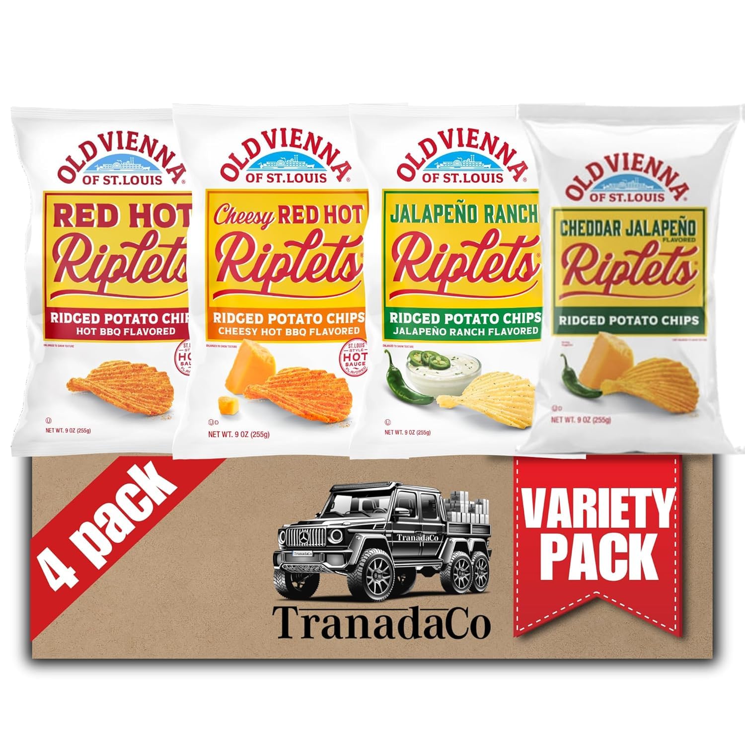 Old Vienna of St. Louis Ridged Potato Chips 9oz Bags Spicy Variety (4 Pack) Snack Box by TranadaCo