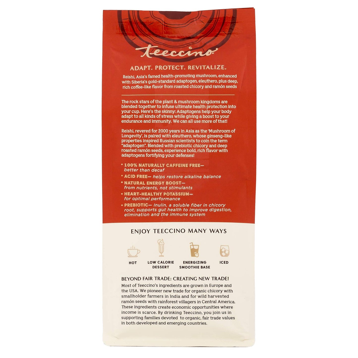 Teeccino Reishi Eleuthero Coffee Alternative, Organic Dark Roast, Caffeine Free, 10 Oz (Pack of 6), Natural