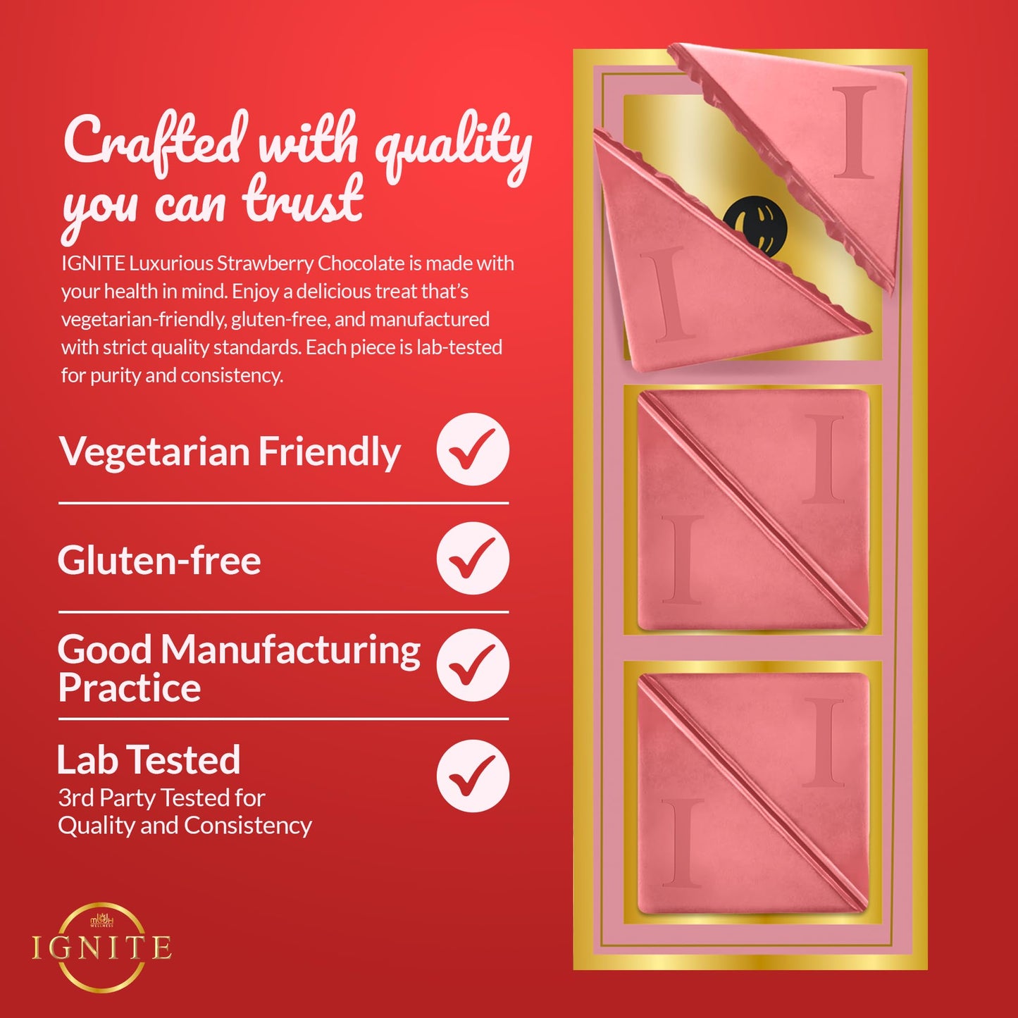 Ignite Chocolate Bars - Enhanced Strawberry Flavor Chocolate Squares For Couples - 60% Cocoa, Vegetarian - Crafted With Selected Ingredients For A Delightful Experience - Ideal For Men & Women