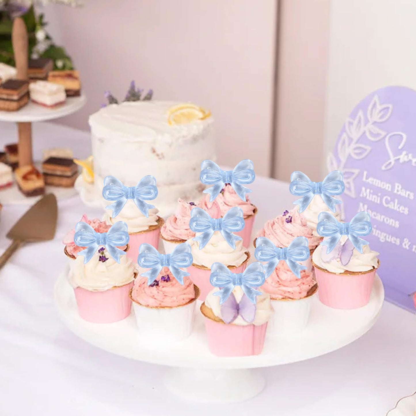 YCTHUNFISH 30 Pack Pink Bow Cupcake Toppers Paper Bowknot for Birthday Party, Wedding, Bridal Shower, Blue