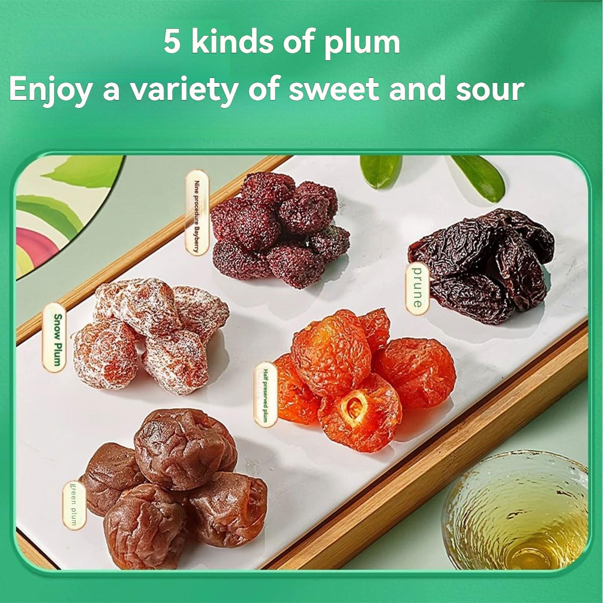 Five types mixed with fruit at 10.58oz/300g. Snowflake green plum, Yangmei, Ximei, semi dried plum, green plum, and mixed dried