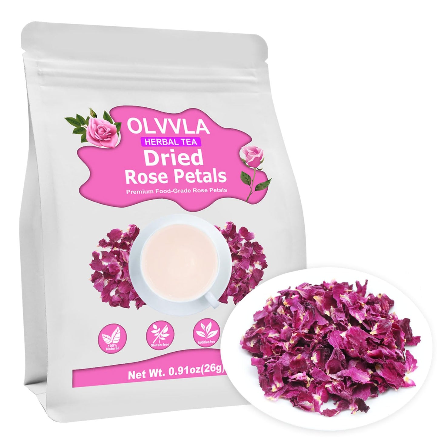 Olvvla Dried Rose Petals - Edible Flowers for Tea, Baking, Decorations - 0.91oz/26g