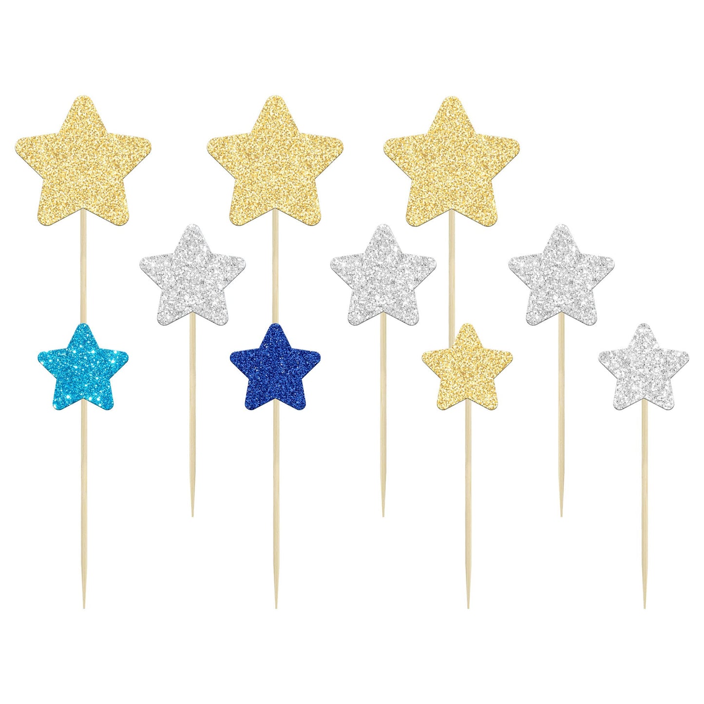Gyufise 42Pcs Star Cupcake Toppers Gold Silver Blue Glitter Mixed Size Twinkle Little Star Cupcake Picks Decorations For Wedding
