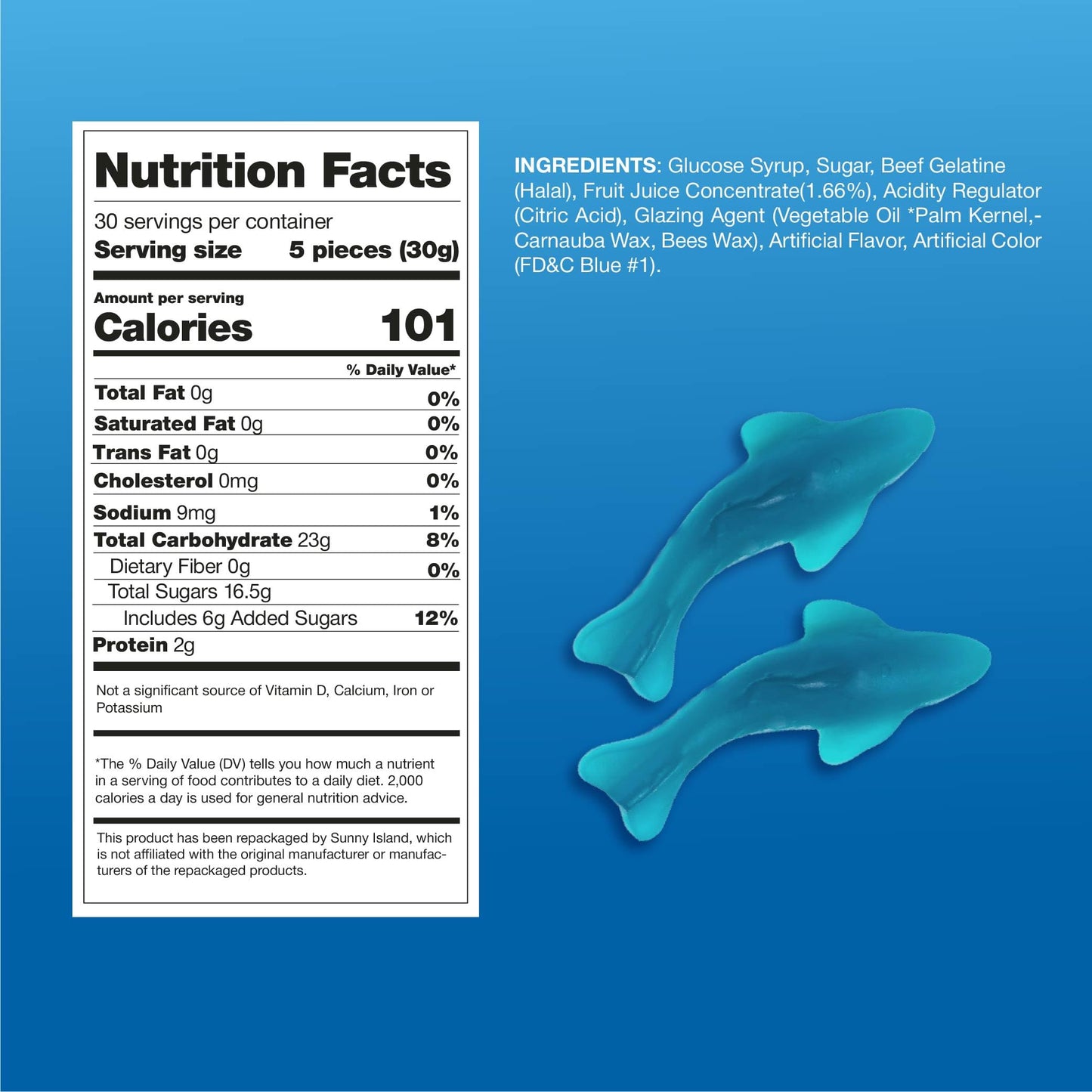 SUNNY ISLAND Blue Sharks Gummy Candy - 2-Pound Bag Made with Real Fruit Juice