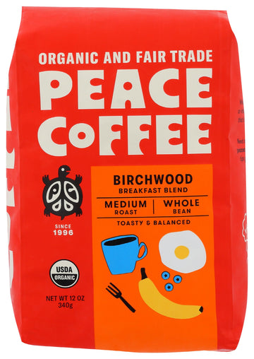 PEACE COFFEE Organic Birchwood Blend Whole Bean Coffee, 12 OZ