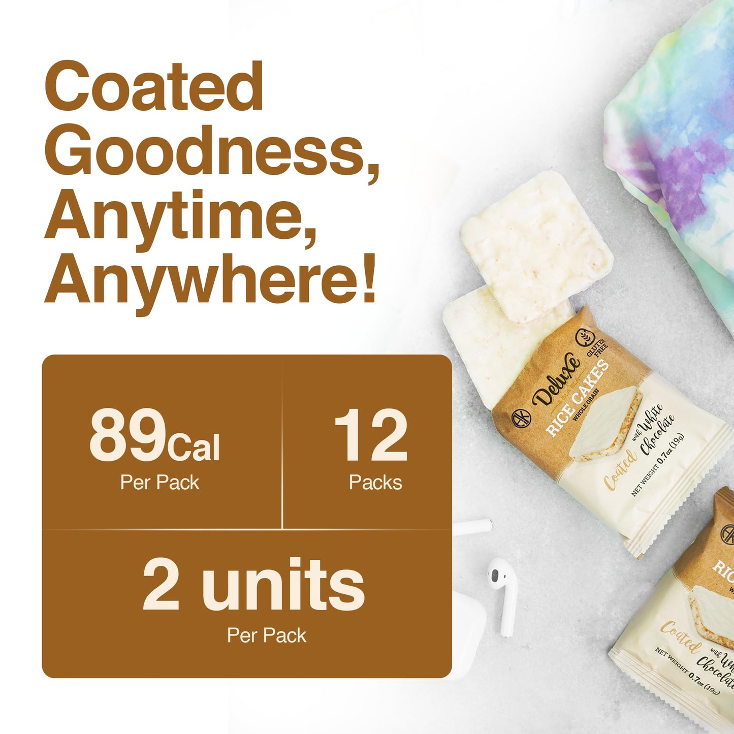 Deluxe & Bla Bla Chocolate Covered Rice Cakes 12 Pack - Whole Grain, Gluten-Free, Kosher, Low-Calorie Snack - Coated with White