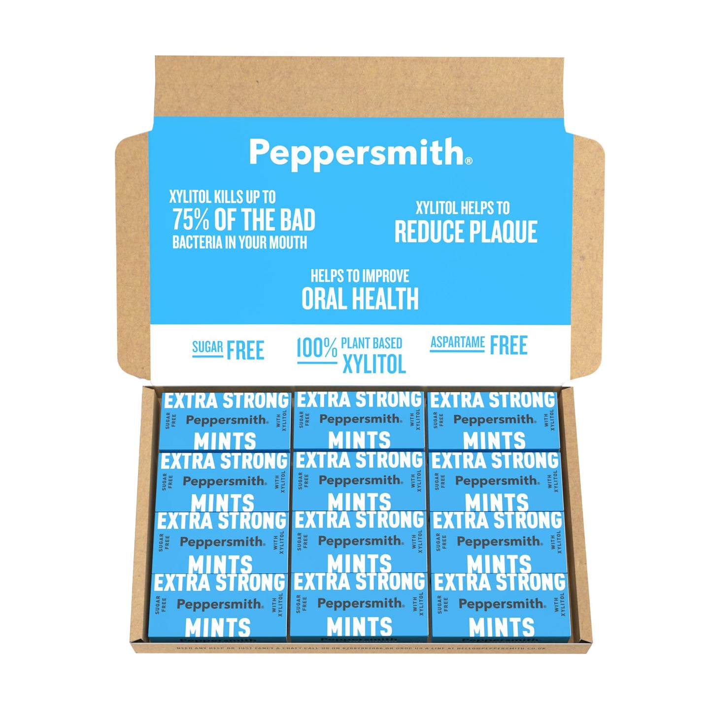 Peppersmith 100% Xylitol Mints, Eucalyptus and Fine English Peppermint, 15 g (Box of 12, Total 300 Mints)