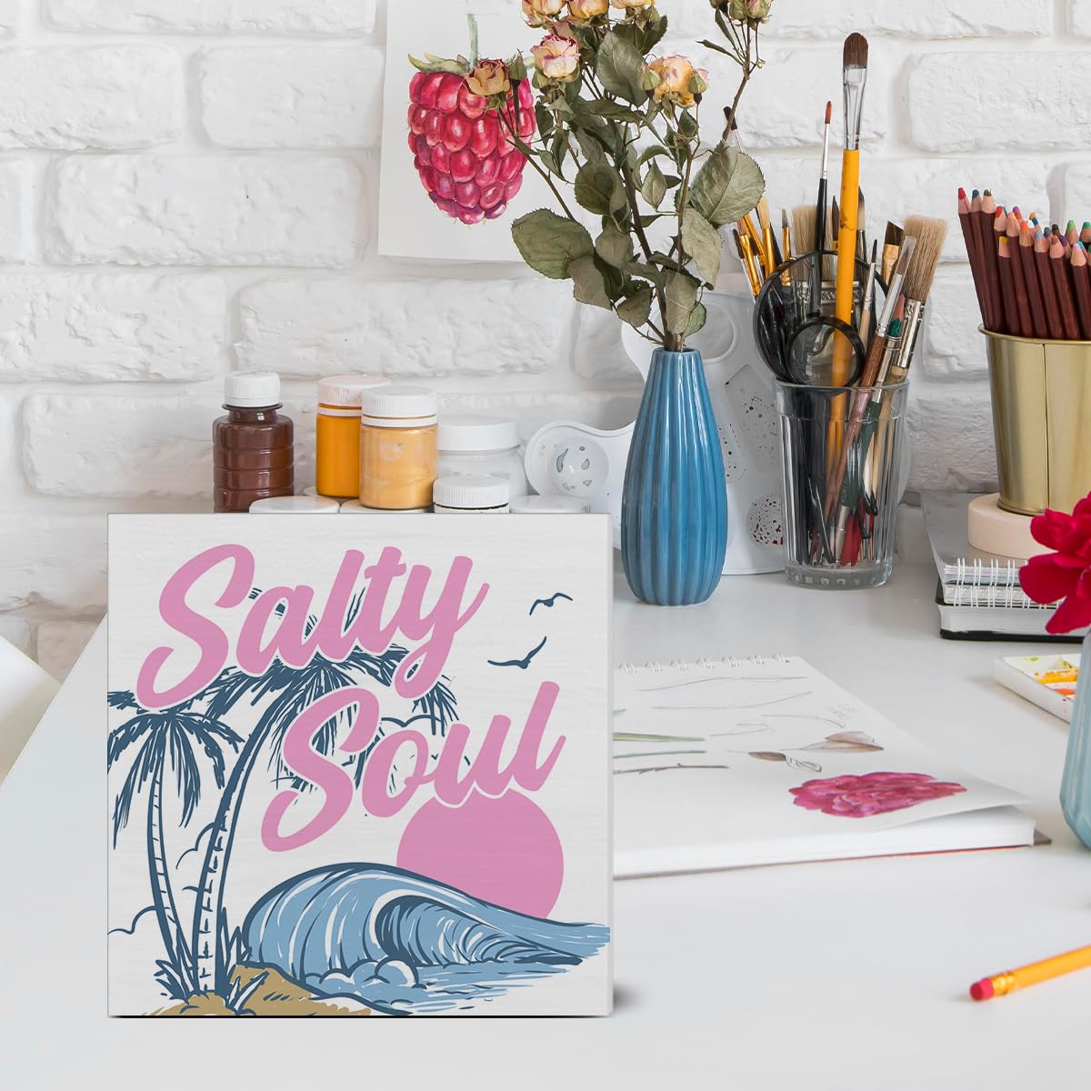 Retro Summer Decor, Beach Vibes Summer Decorations, Salty Soul Coastal Beachy Room Wood Sign For Desk Table Shelf 5 X 5 Inches