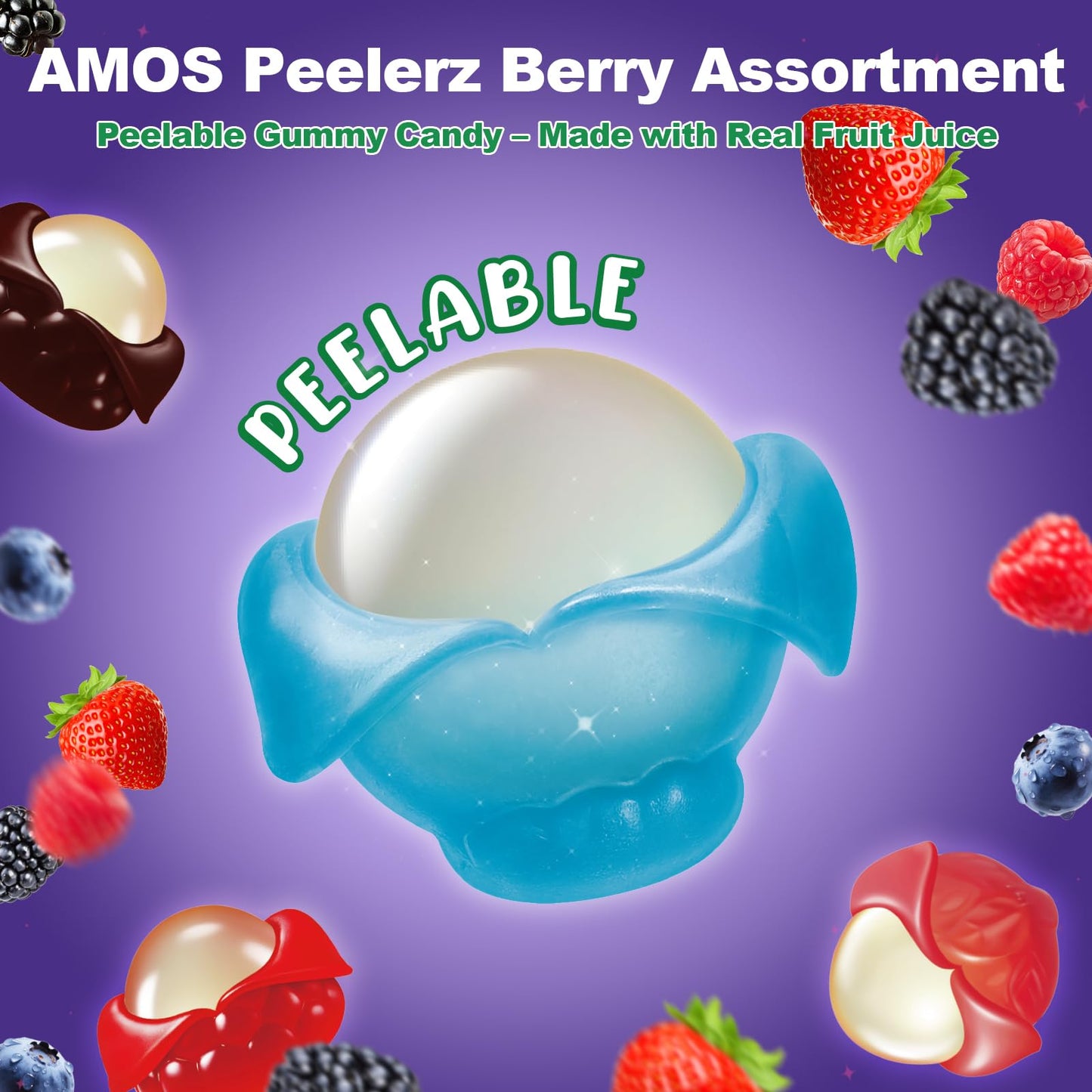 AMOS Peelerz Berry Assortment Gummy Candy 240g | Peelable Fruit-Shaped Gummies Made with Real Fruit Juice | Fun Peeling Snack fo