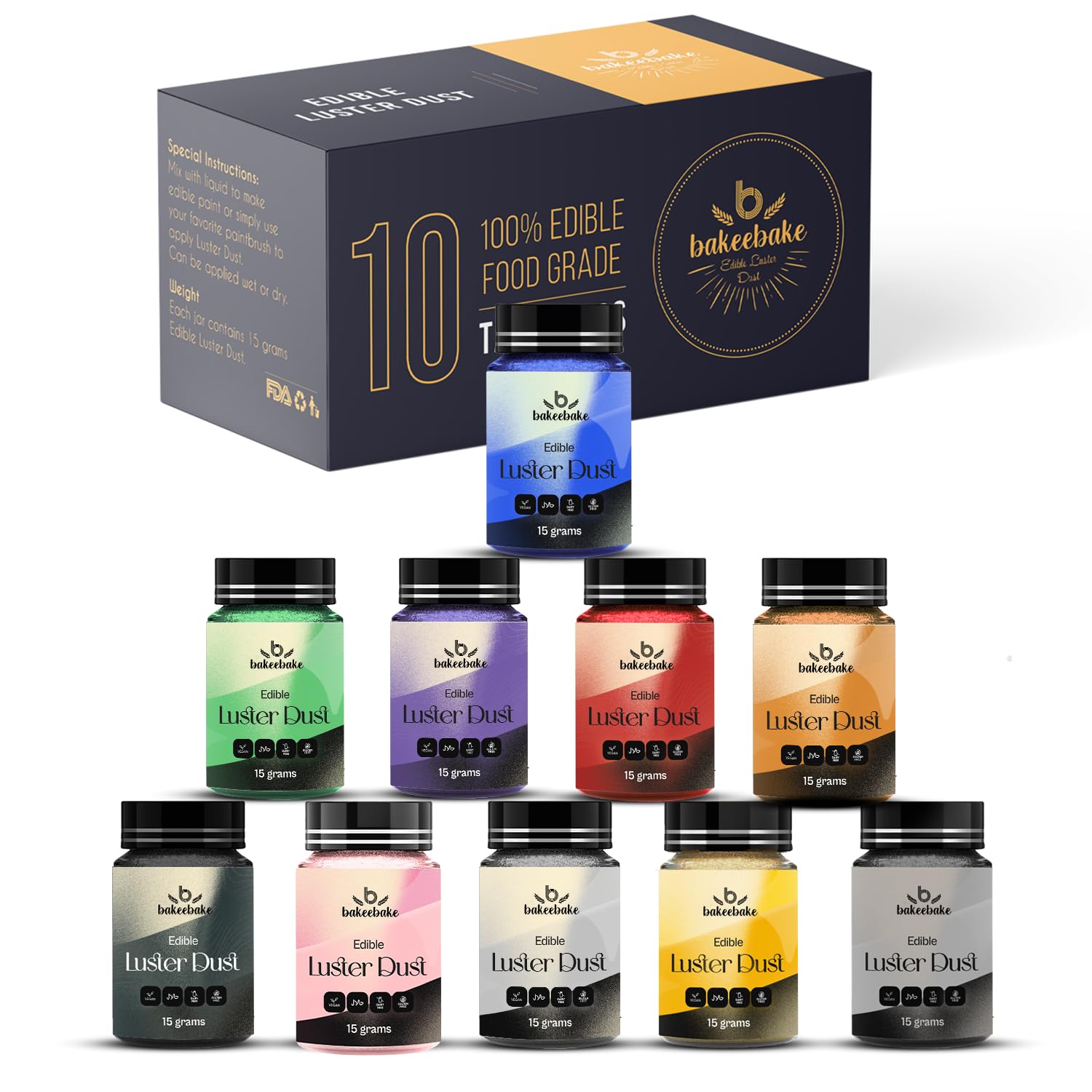 Bakeebake Edible Glitter Set - 10 Color Set, 15g Each Bottle, Gluten Free, Vegan, Perfect for Drinks & Desserts