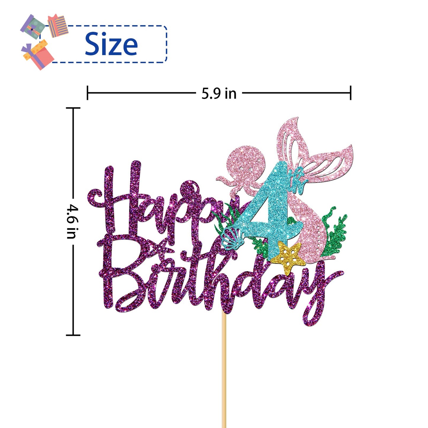 Roadsea Mermaid Happy 4Th Brithday Cake Topper - Under The Sea Theme Girl Kid Four Birthday Cake Supplies/Ocean World 4Th Mermai