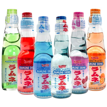 UNHA'S ASIAN SNACK BOX Ramune Japanese Marble Soda Variety Pack - Multiple Flavors - Original, Strawberry, Blueberry, Melon, Lyc