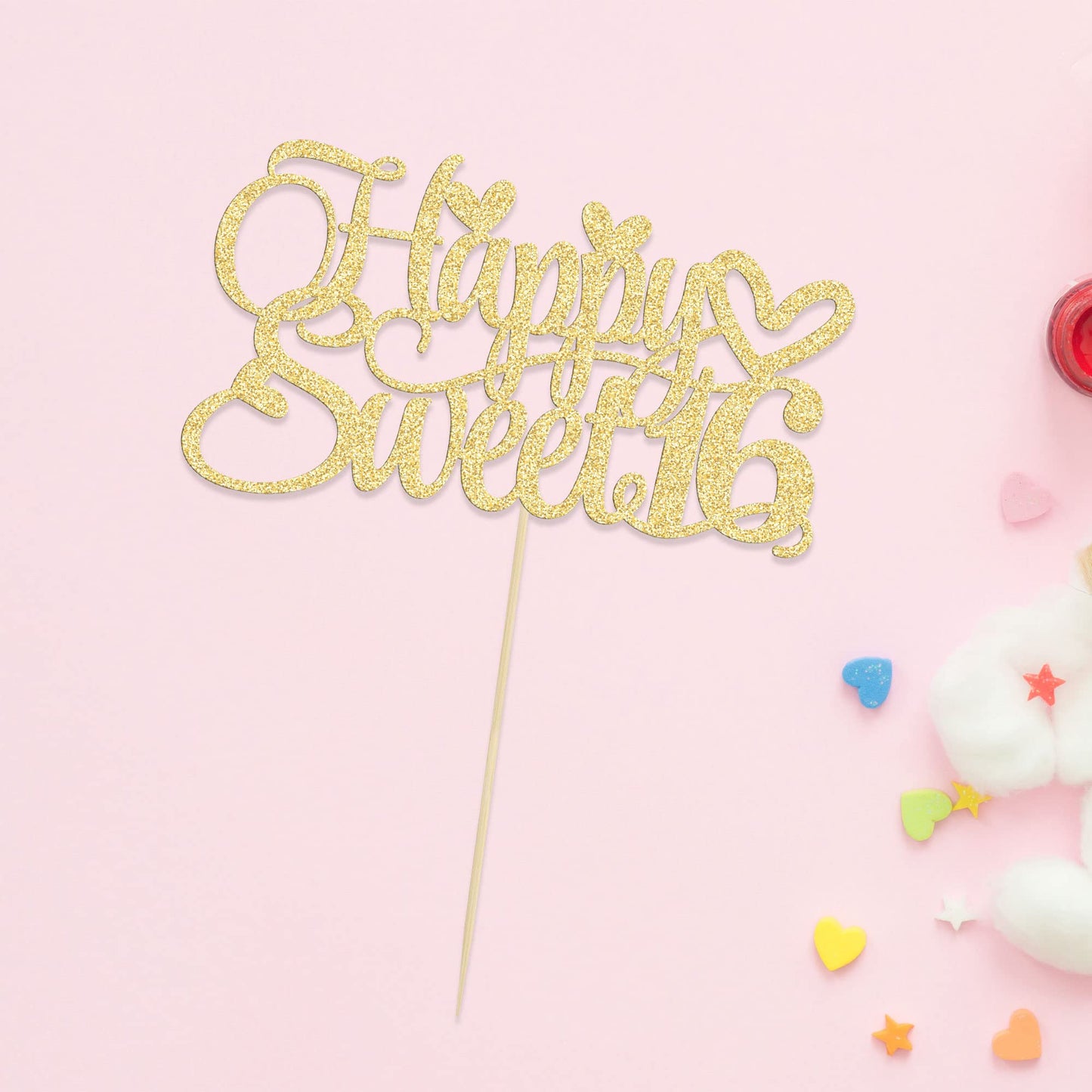 Ephlyn Happy Sweet 16 Cake Topper, Glitter 16th Birthday Cake Decoration, Gold, Paper